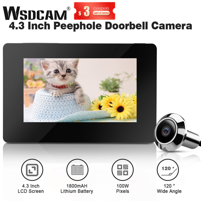 WSDCAM 4.3 inci 720p lubang intip pintu, kamera bel pintu sudut lebar 120 ° 100W piksel mata pintu Monitor kamera keamanan rumah