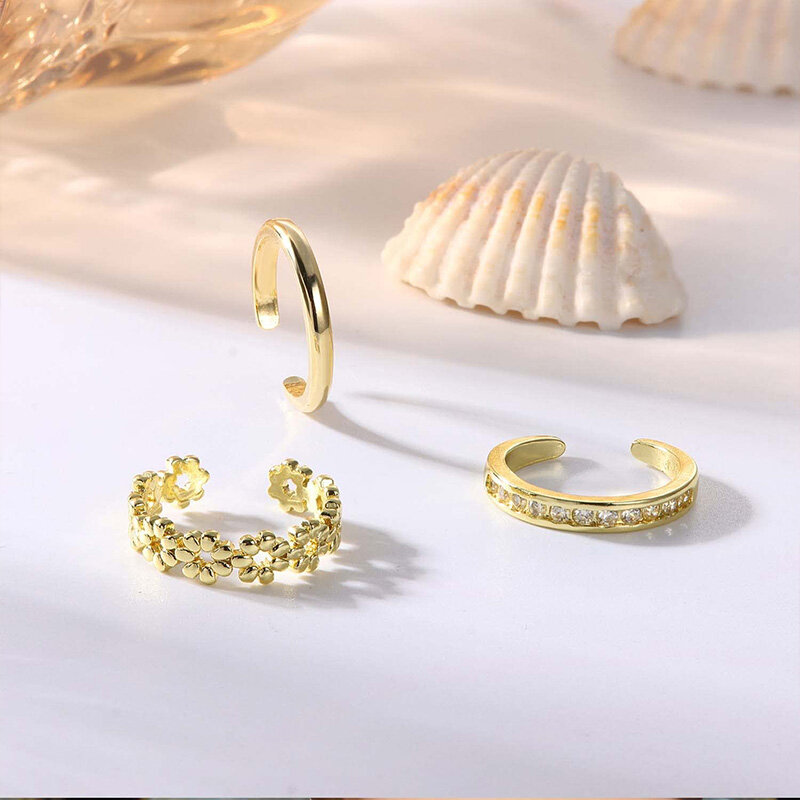 3 buah Set cincin jari kaki isi untuk WANITA 14K lapisan emas dapat disesuaikan sederhana CZ cincin bunga perhiasan pantai musim panas