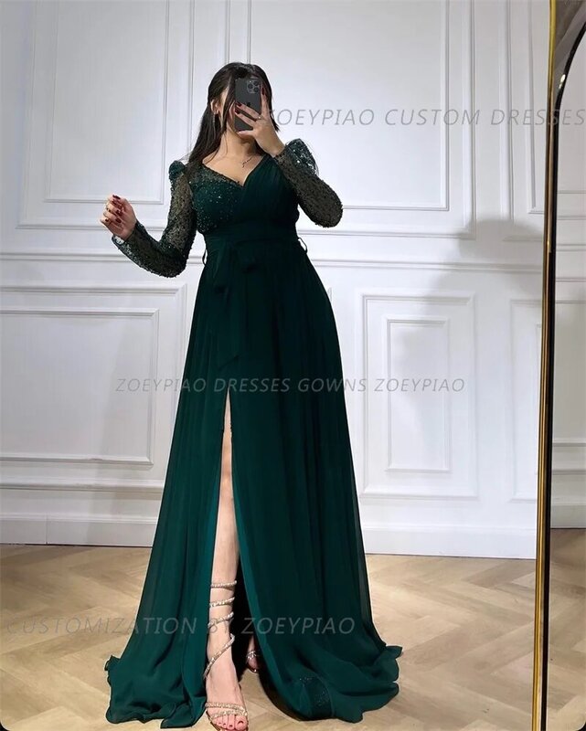 Zielone proste formalna okazja sukienki 2024 wysokiej jakości długie rękawy błyszczące cekiny rozcięcia po bokach suknie wieczorowe فساتين الحفلات