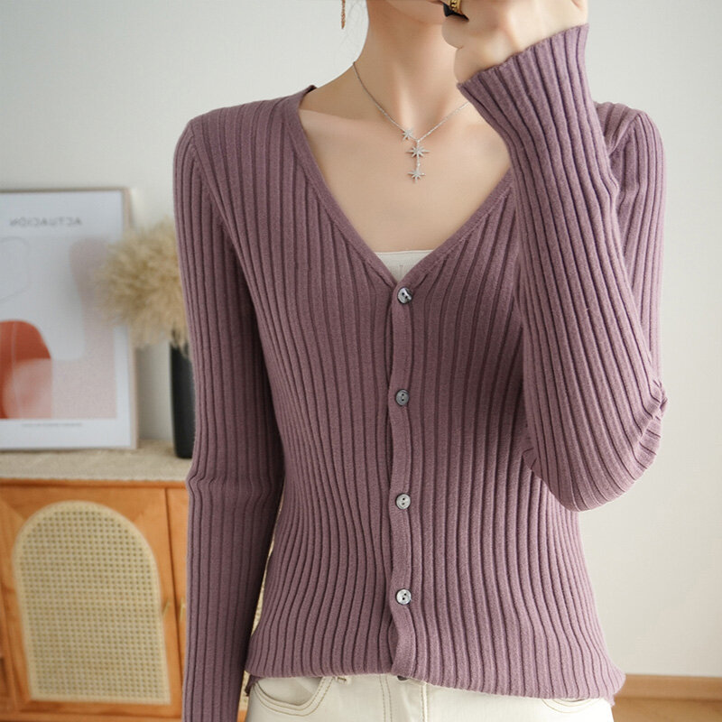 Cárdigan pequeño de lana con cuello en V para mujer, Chaqueta de punto, suéter corto con estilo de fragancia, Camisa ajustada de fondo, primavera y otoño
