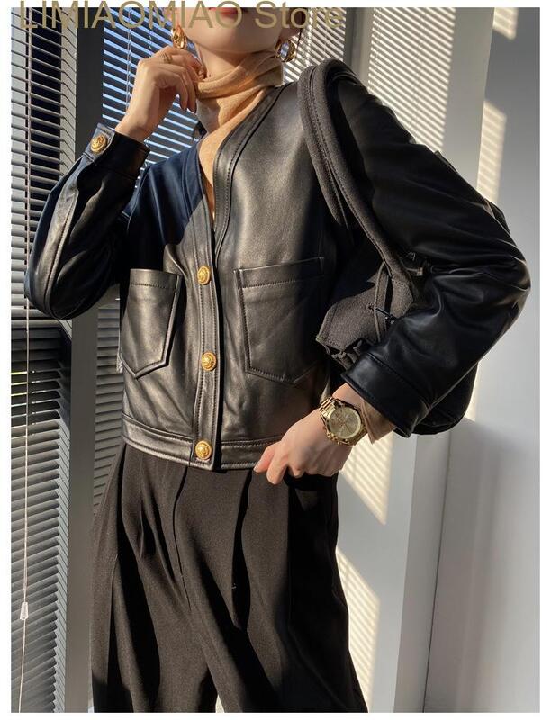 New winter Classic streetwear Women genuine leather jacket cropped real lamb sheepskin coats