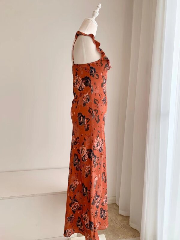 Gaun panjang motif bunga untuk wanita, gaun 100% pas badan tali sutra motif bunga untuk wanita