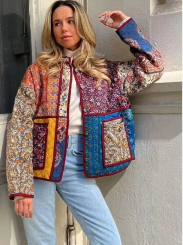 여성용 패치 워크 프린트 코튼 재킷, 주머니가 달린 스탠드 칼라 코트, 시크한 여성용 두꺼운 따뜻한 겉옷 상의, 2023 가을