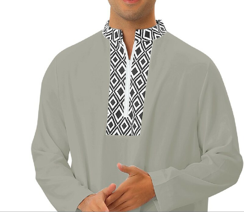 Moda musulmana para hombres, ropa de manga larga con cuello en V, negro, gris, rojo, poliéster, estampado, Jubba, Thobe, musulmán, Abaya, 2023