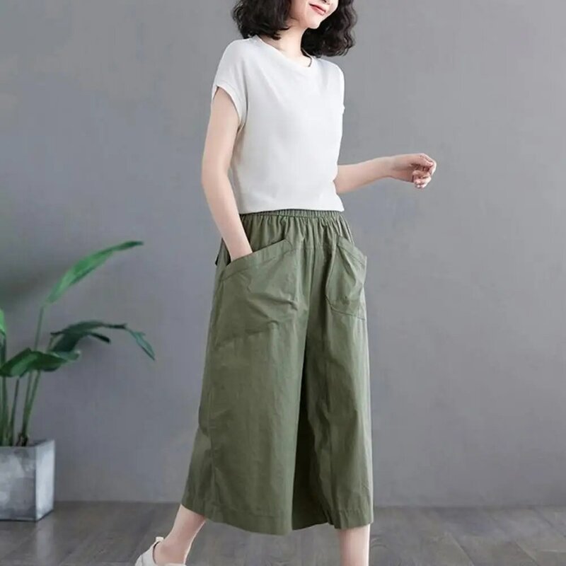 Summer Pants Stylish Wide Leg Cropped Pants with Pockets for Women Elastic Waist Work Pants Solid Color Loose Fit Mid-calf
