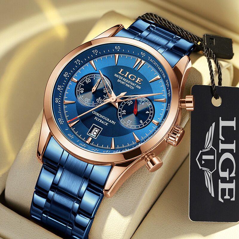 LIGE 남성용 비즈니스 스테인리스 스틸 쿼츠 손목시계, 방수 야광 날짜, 빅 남성용 시계 및 박스, 럭셔리