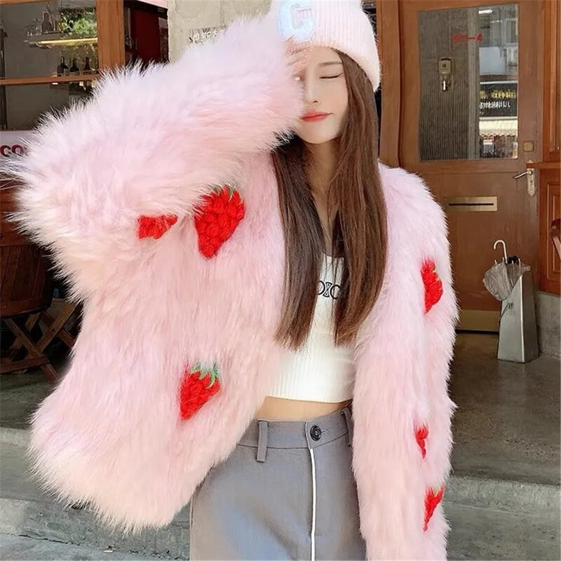TrendFox Hair Weaving Integrated For Women, Strawberry Sweetheart Loose Fur Coat, Slim Fit, Winter Clothes, New, 2024