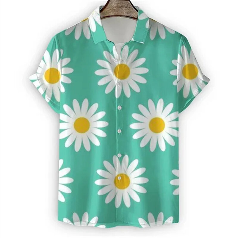 أقحوان للرجال قميص هاواي مطبوع ثلاثي الأبعاد ، قمصان شاطئ كاجوال بأكمام قصيرة ، بلوزة بصف صدر واحد ، ملابس رجالية ، موضة