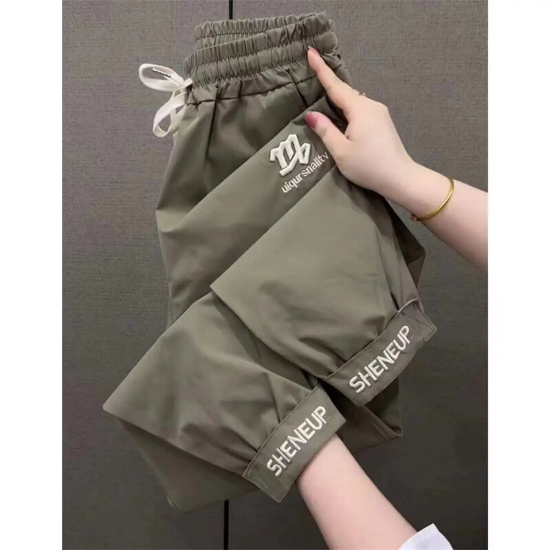 2024 New Fashion Summer Harem Pants Female Embroidery Sports Pants Quick Dry Tie Feet Elastic Waist Casual Trousers Women's