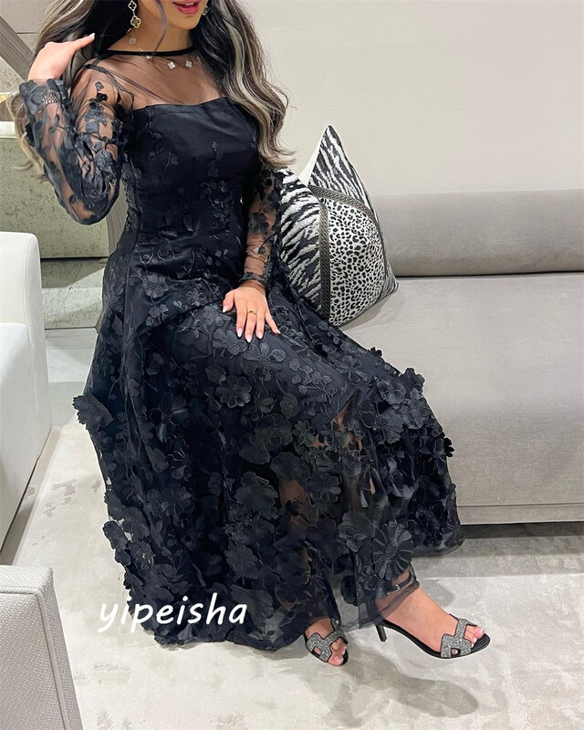 Kobiety Prom Casual Jewel A-line Formal Ocassion Gown Applique Anke length Skirts Organza Evening Dress فساتين سهره