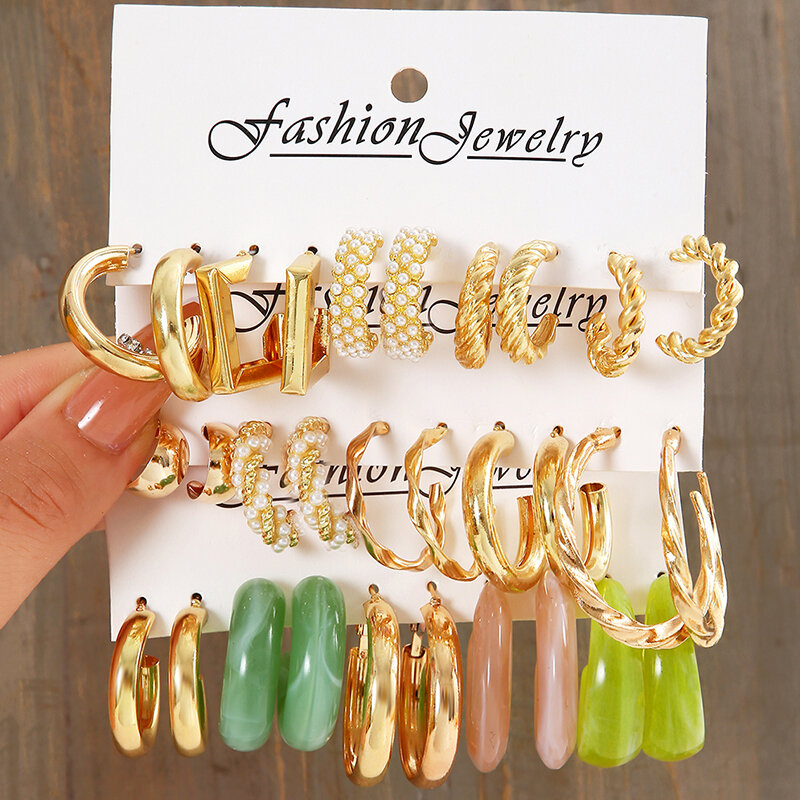 17キロボヘミアンゴールドカラー真珠のイヤリングセット女性のための女の子27スタイル蝶アクリル樹脂フープイヤリングbrincosパーティージュエリー
