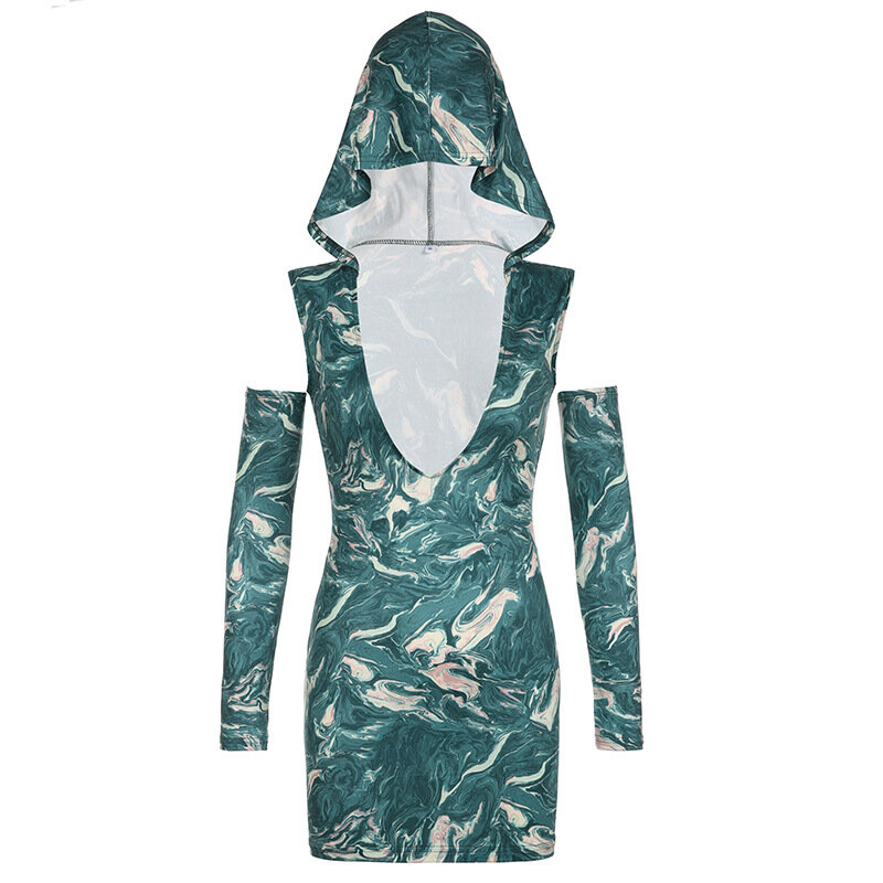 타이 다이 딥 V넥 후드 장갑, 섹시한 슬림 바디콘 미니 드레스, 2023 가을 여성 패션 의상, 스트리트웨어, 나이트클럽