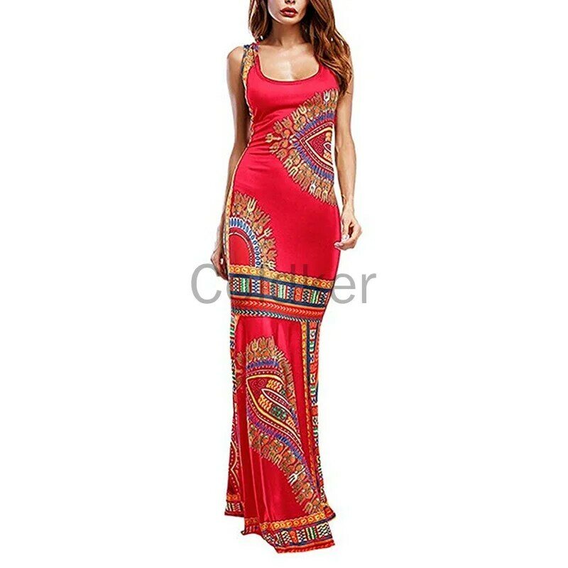 Women's Boho Print U Neckline Sleeveless Maxi Dress, African Clothes, African Abayas Clothing, Sexy Party Dress