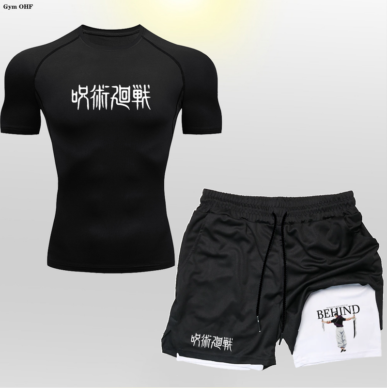 Laufset Männer Trainings anzug 2 in 1 Shorts Sportswear Männer Anzüge Fitness studio Joggen trainiert Anime Jujutsu Kaisen Kompression anzug im Freien