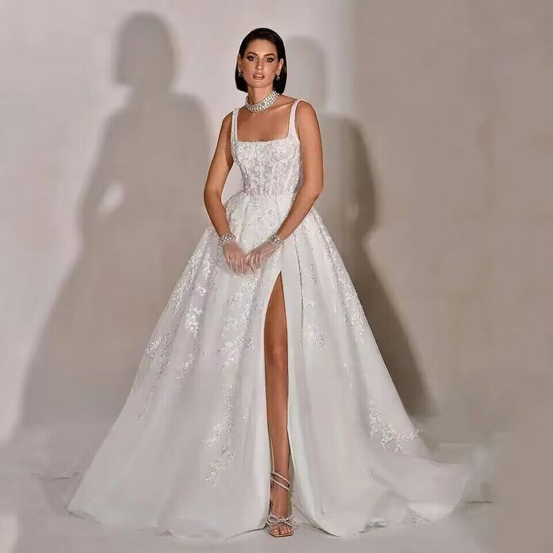 مخصص أزرار خط فستان الزفاف ، انقسام عالية ، بسيطة أثواب الزفاف العاجية البيضاء ، الديكور الترتر ، قطار الاجتياح ، زائد الحجم ، في الهواء الطلق