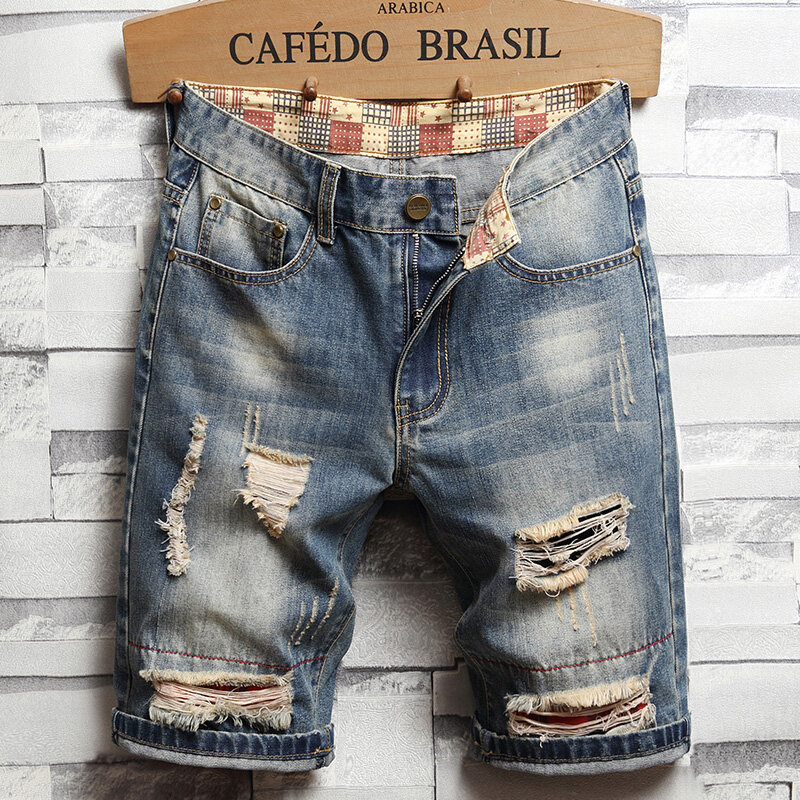 Pantalones cortos vaqueros con agujeros para hombre, Vaqueros rasgados de cinco puntos, corte holgado, estilo informal, 2024