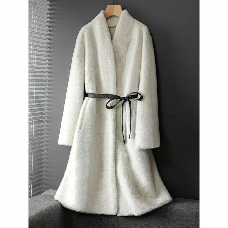Abrigo de piel de visón de imitación para mujer, largo medio, cuello en V, grueso, a la moda, versátil, adelgazante, temperamento, abrigo de invierno