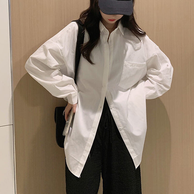 2022 뉴 패션 솔리드 컬러 포켓 싱글 브레스트 블라우스, 여성 긴 소매 폴로 칼라 루즈핏 한국 올 매치 레이디 셔츠