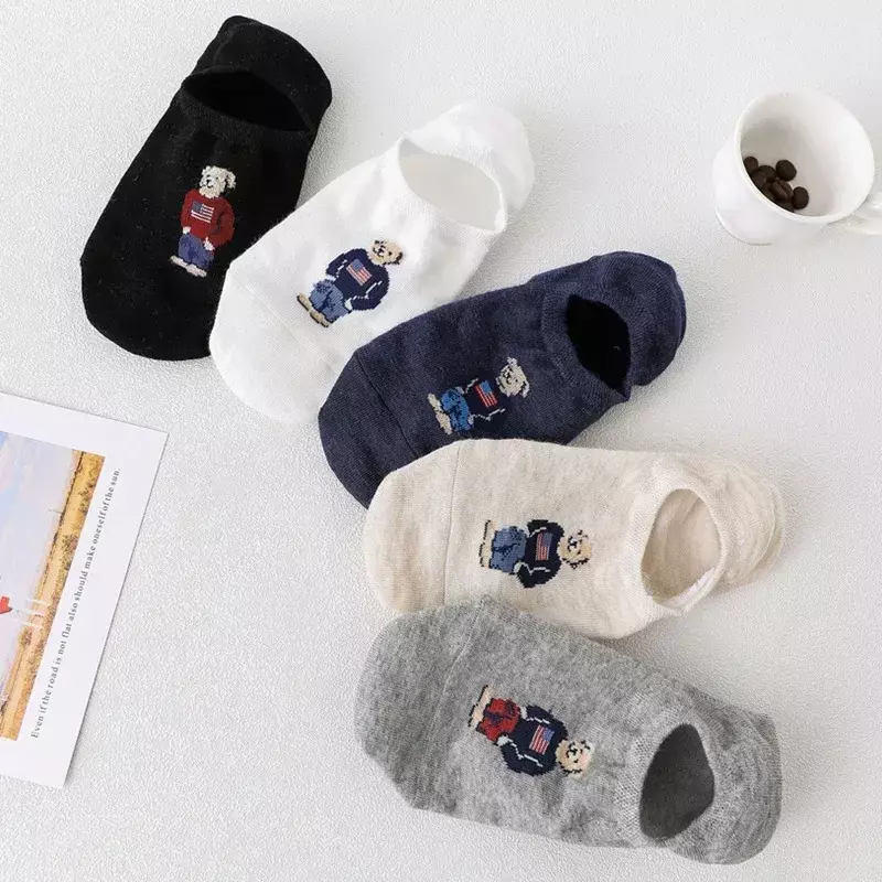 Calcetines finos de algodón con dibujos animados para hombre, medias de estilo Retro con dibujos de osos pequeños, boca baja, Verano