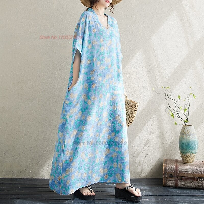 2024 chinese vintage dress feminino ethnic streetwear national flower print v-neck loose dress oriental beach bohemian dress