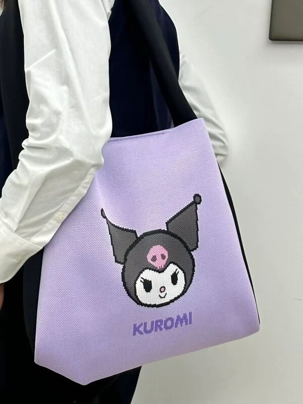 Sanrio กระเป๋าสะพายไหล่แท้ Kuromi กระเป๋าถัก, สุนัขปาชา, เคธี่แมว, กระเป๋าสะพายไหล่ความจุขนาดใหญ่, ของขวัญกระเป๋าถือแมว KT