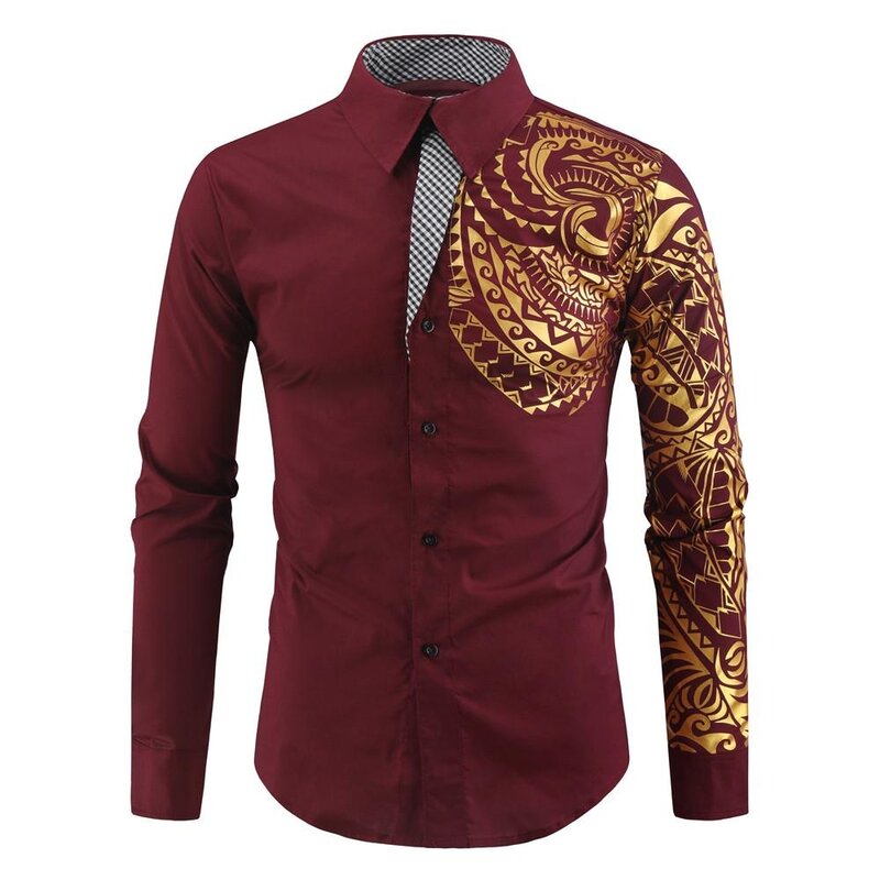 Camisa de manga comprida com estampa dourada totem masculina, moda formal, camisas de botão, 6 cores