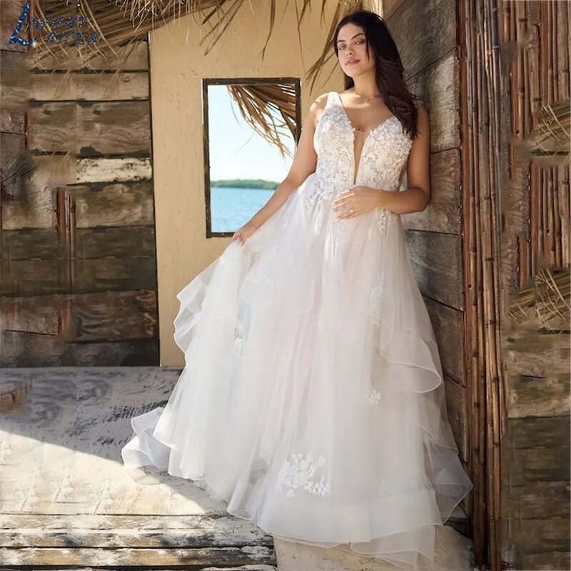 Простое свадебное платье на бретельках без рукавов с аппликацией, свадебное платье-трапеция с глубоким V-образным вырезом, свадебное платье с открытой спиной из тюля, бальное платье