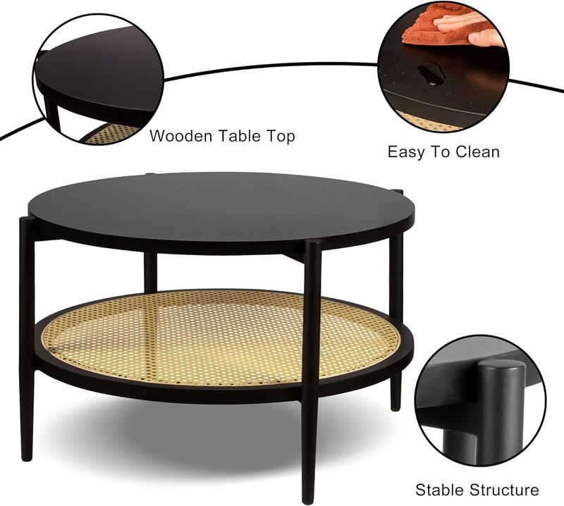 Round Rattan Coffee Table Mid Century Modern Engineered Wood Living Room Table Black Center Table with Storage for Small Space