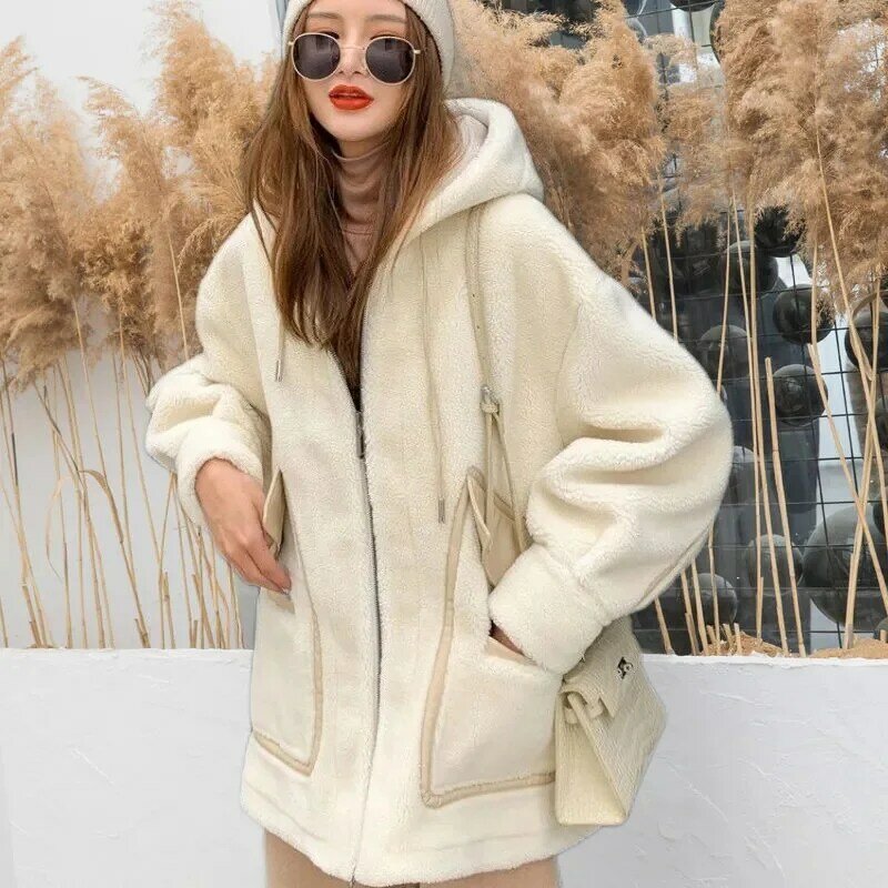 Abrigo de lana de oveja de longitud media para mujer, abrigo de lana de oveja de grano grueso, versión coreana, primavera y otoño, P171