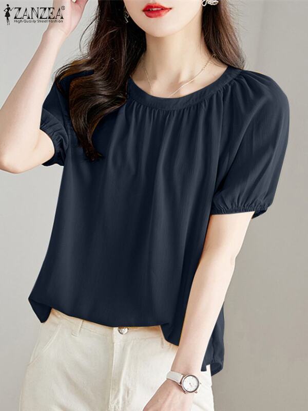 ZANZEA-camisa de oficina para mujer, blusa elegante de manga corta, color liso, cuello redondo, informal, Verano
