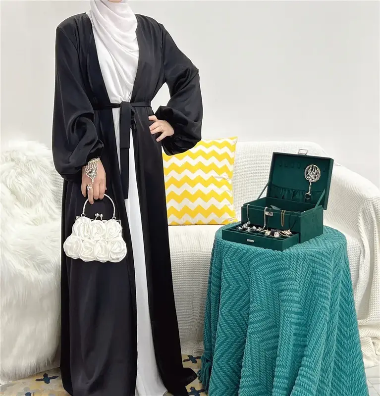 Donne abaya musulmano caftano maniche a sbuffo Lace-up Maxi lunghezza abiti Ramadan Jilbabs aperto davanti abaya Outwear Cardigan cappotti