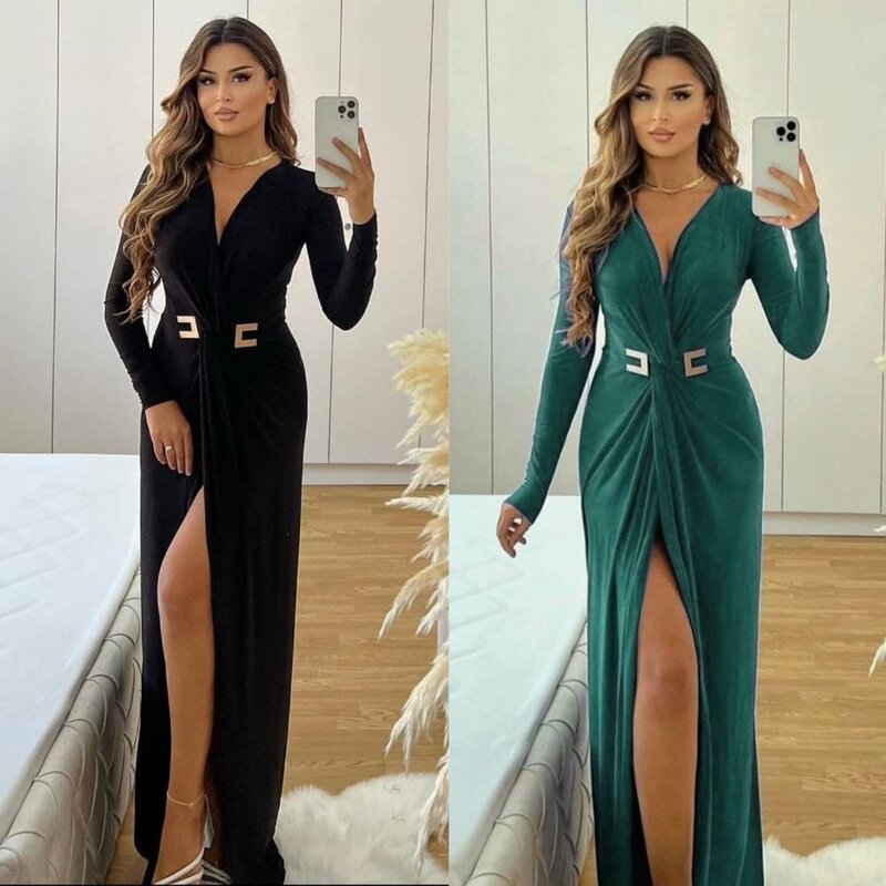 Prom Dress Evening Saudi Arabia Jersey Sequined Ruched Beach A-line V-neck Bespoke Occasion Gown Long Dresses