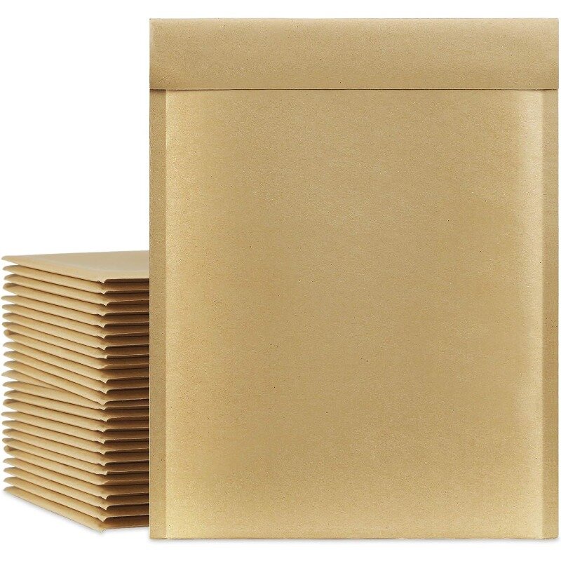 천연 갈색 버블 메일러 크래프트 종이 쿠션 패딩 봉투 배송 가방, 우편물용 필링 및 도장 포함, 50 개