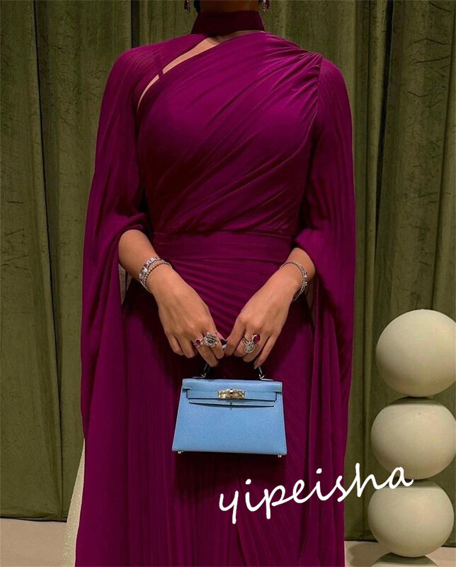 Платье для выпускного вечера Саудовская Аравия классический современный стиль Формальное вечернее с высоким воротником ТРАПЕЦИЕВИДНОЕ ДРАПИРОВАННОЕ атласное на заказ