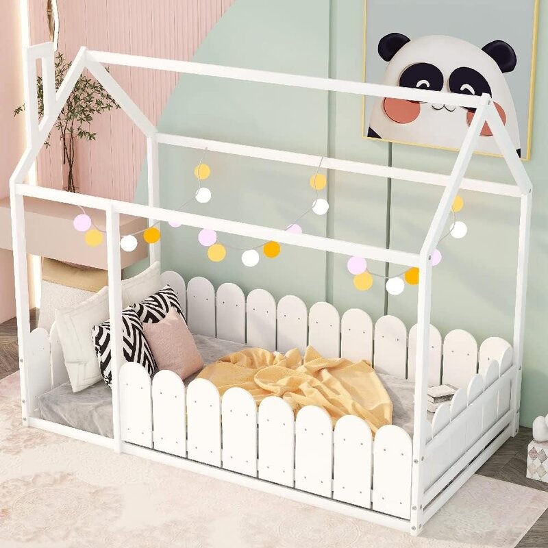 Children's Bed Frame, Twin Size with Roof and Fence, Easy Assembly, Children's Bed Frame