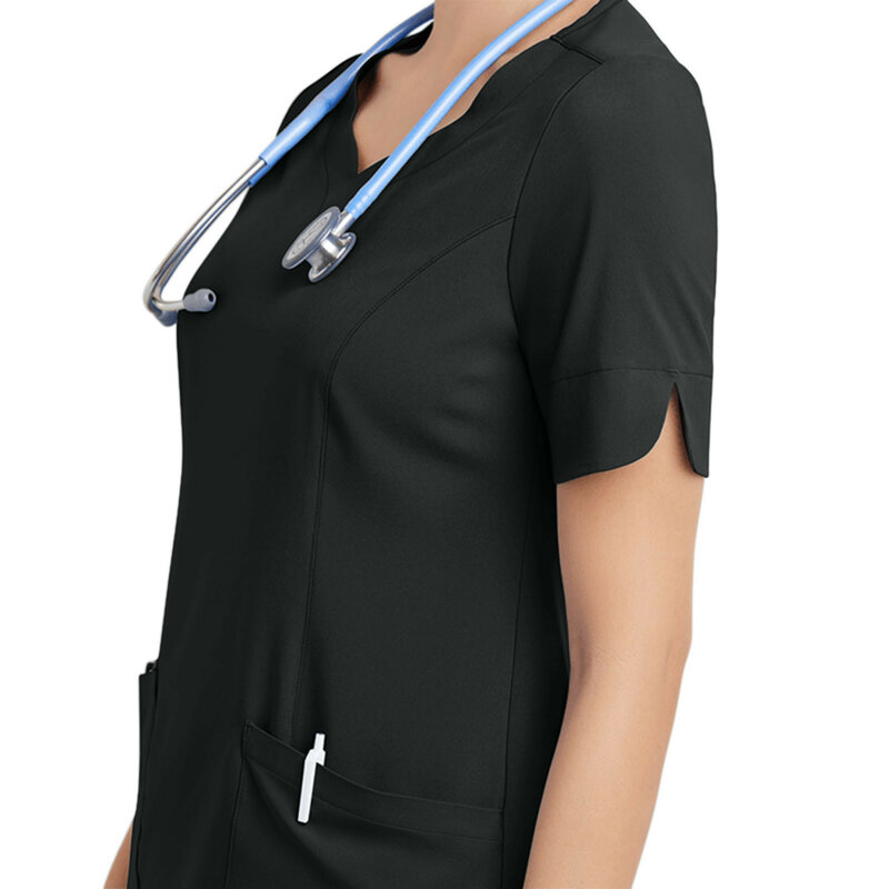 Seragam menyusui lengan pendek wanita, blus atasan seragam perawat saku leher V, seragam perawat kerja
