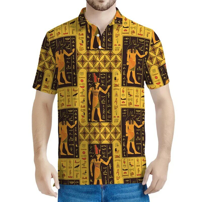 男性のための古代エジプトのパターンのポロシャツ,3Dプリントのカジュアルな半袖Tシャツ,ジーンズのフレイムボタン