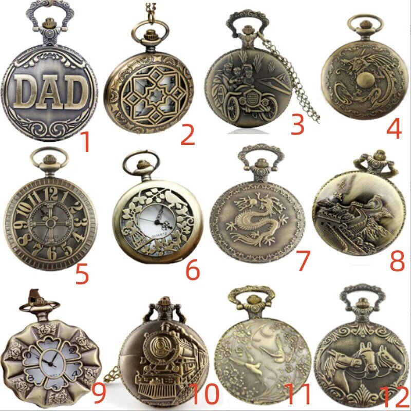 Vintage Luxury 12 Patterned Quartz Pocket Watch for Men Women Kids Fob Chain Bronze Laser Engrave Necklace Carving Pendant Clock