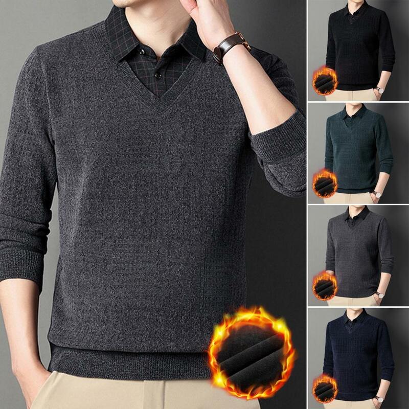 Suéter de felpa para hombre de mediana edad, suéter cálido con detalle de botón de solapa, Top de otoño e invierno