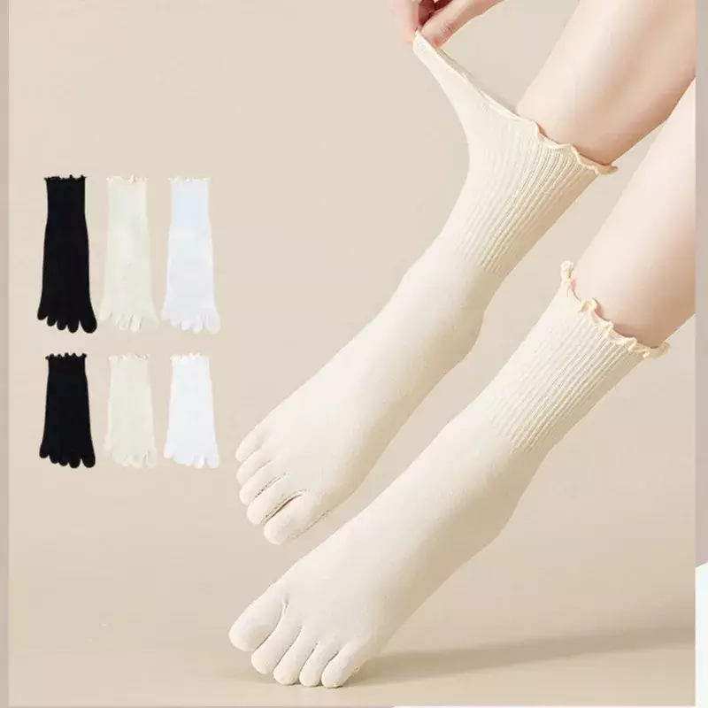 Kaus kaki lima jari katun untuk wanita ujung keriting mode kaus kaki pendek Harajuku longgar putih dengan jari kaki terpisah Jepang