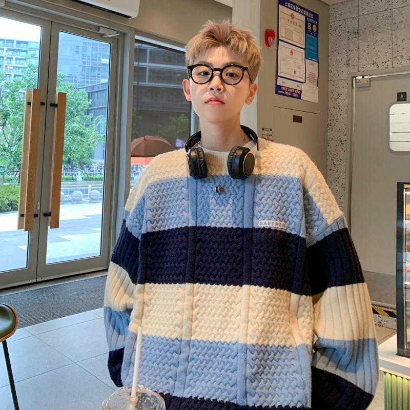 Sweter rajutan pasangan gaya Hong Kong, mantel kemeja rajutan benang tebal kontras longgar dan malas Musim Dingin Pria