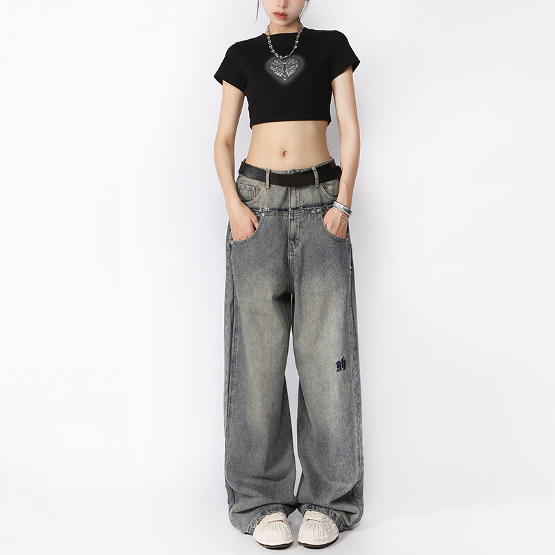 Джинсы-Багги женские с двойной заниженной талией, свободные брюки из денима с широкими штанинами и вышивкой в винтажном стиле бойфренда, уличная одежда, синие, Y2K