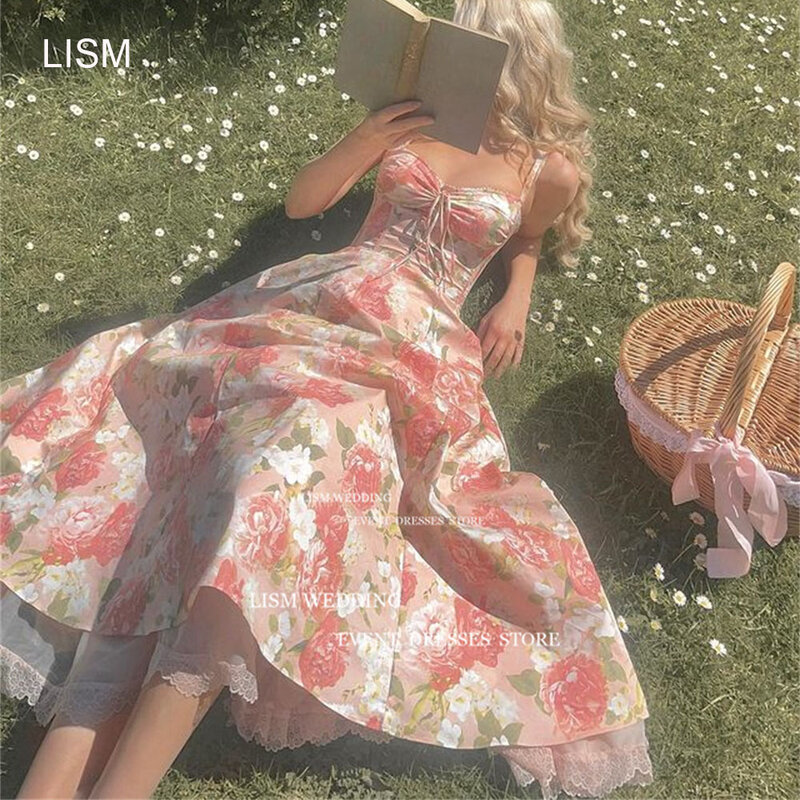 LISM 3D drukowane koronkowe suknie wieczorowe linia Sweetheart długość do herbaty suknia na specjalne okazje szeroki pasek strój bez rękawów sukienka na imprezę