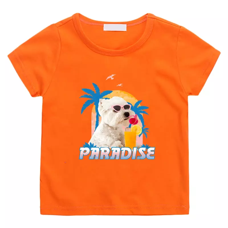 Paradise Dog Summer Tee-shirt 100% Cotton Kawaii Cartoon Printing T-shirt Boys and Girls Short Sleeve Tshirts Cute Graphic Tees
