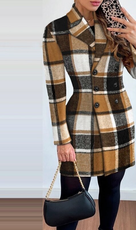 Jesienny i zimowy płaszcz damski 2023 wzór w kratkę karbowany kołnierzyk długie rękawy płaszcz dwurzędowy mody eleganckie płaszcz biurowy