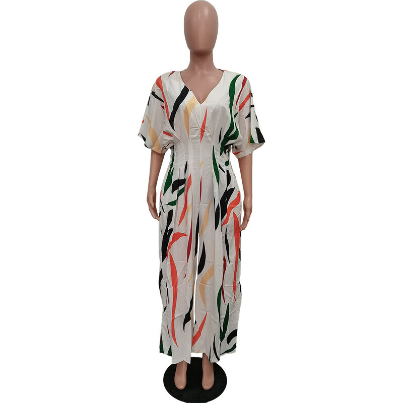 Vêtements africains pour femmes automne élégant africain col en v demi manches polyester impression longue combinaison africaine combinaison S-2XL