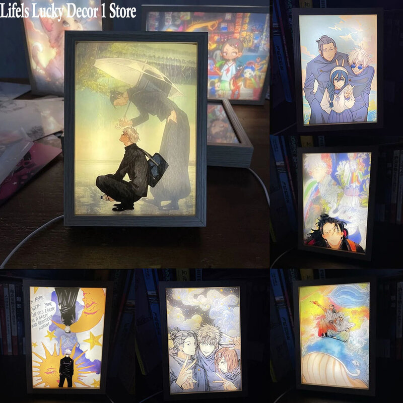 Anime Jujutsu Kaisen Led Light Painting Decor Photo Frame Satoru Gojo Figure Painting Table Lamp Hoom Decor Kids Christmas Gifts