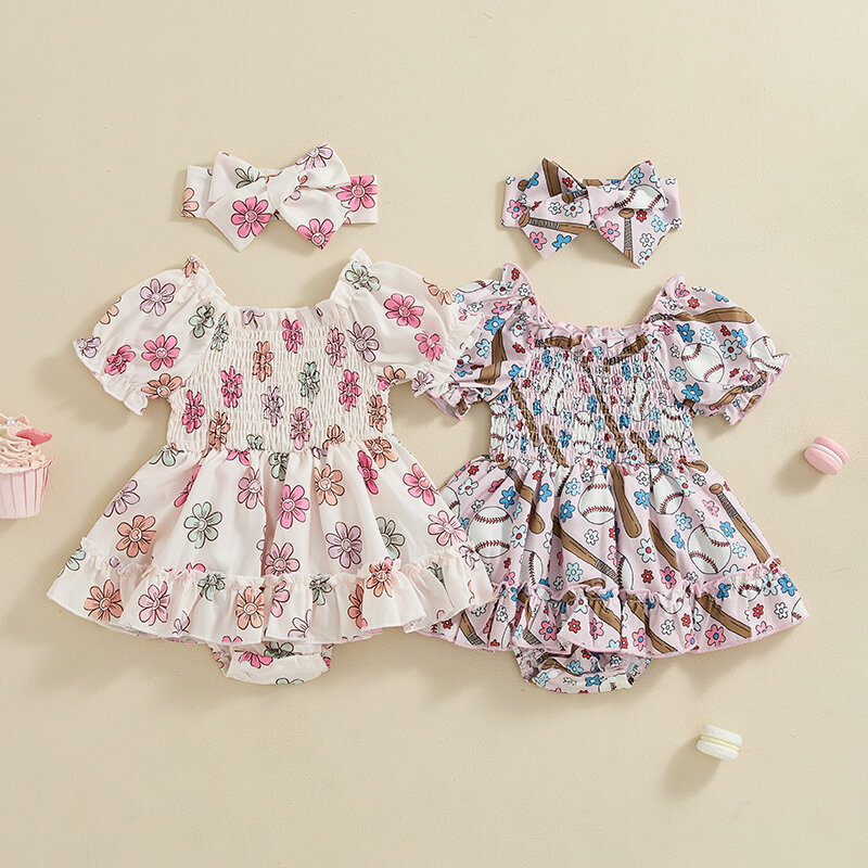 Vestido de macacão com estampa floral de beisebol para bebês, macacão de manga curta, bainha de saia, roupas de verão com bandana, 2024-04-20