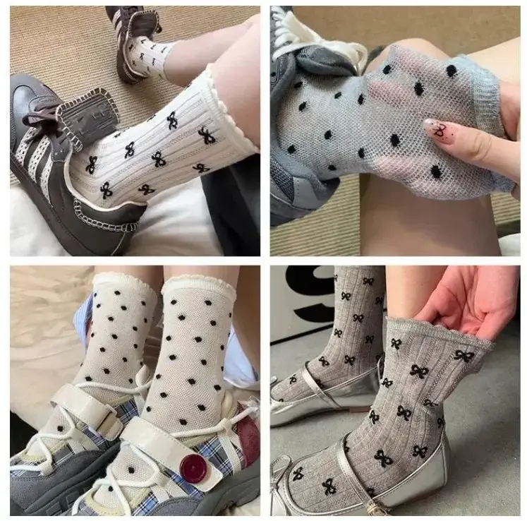 Japanisch aushöhlen lange Socken Frauen Mädchen Spitze süße Schleife Socke lässige Crew lose Sox Streetwears Sommer dünne Mid-Tube Strümpfe