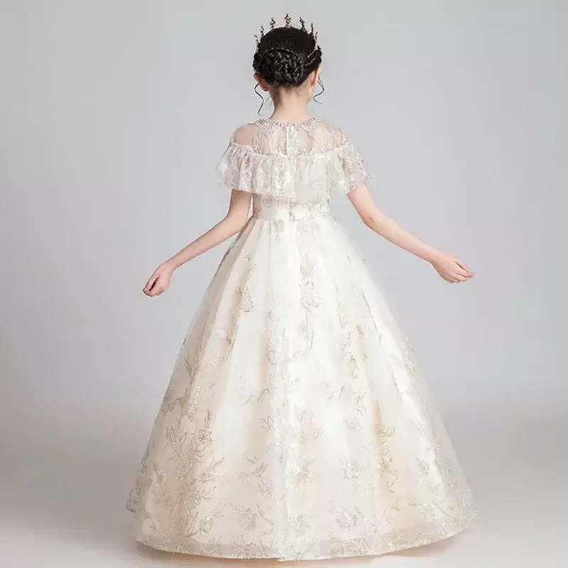 Children's 2024 New Girl's Fluffy Gauze Fashionable Flower Girl Wedding Host Piano Performance Dress